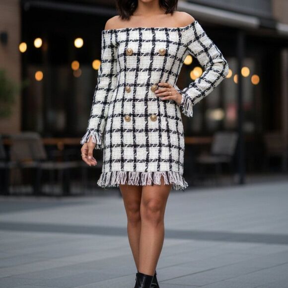 DONNEE PAR DIEU Off-The-Shoulder Black and White Tweed Houndstooth Mini Dress -M - Picture 1 of 6